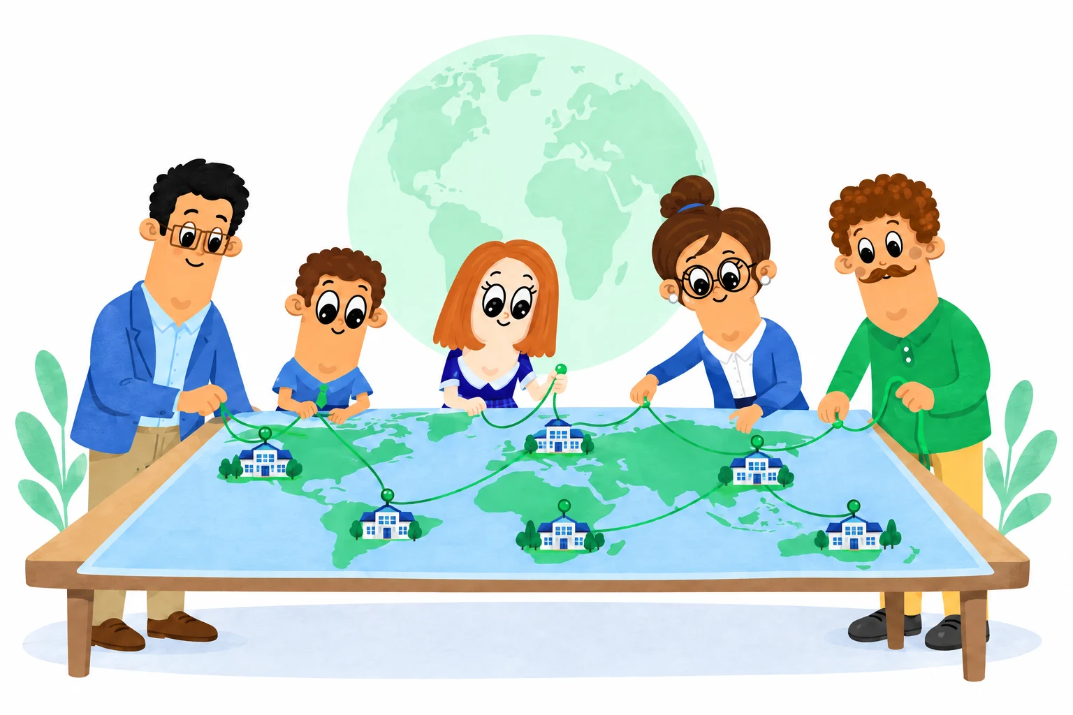 Brand characters connecting schools across a world map